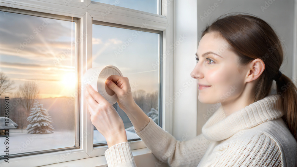 Woman sealing window with insulating tape for energy efficiency in winter season Woman sealing window with insulating tape for energy efficiency in winter season