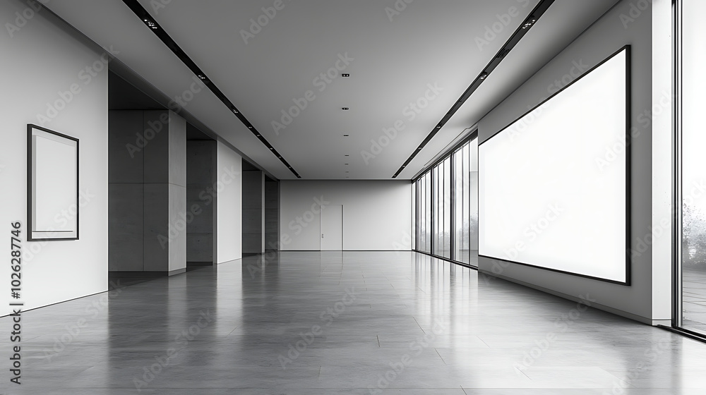 Obraz premium Contemporary Art Gallery: An elegant art gallery with white walls and a minimalist design. A blank white billboard stands prominently in the center of the room