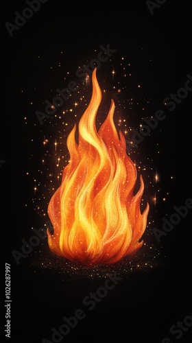 Vibrant flame with glowing embers on a dark background.