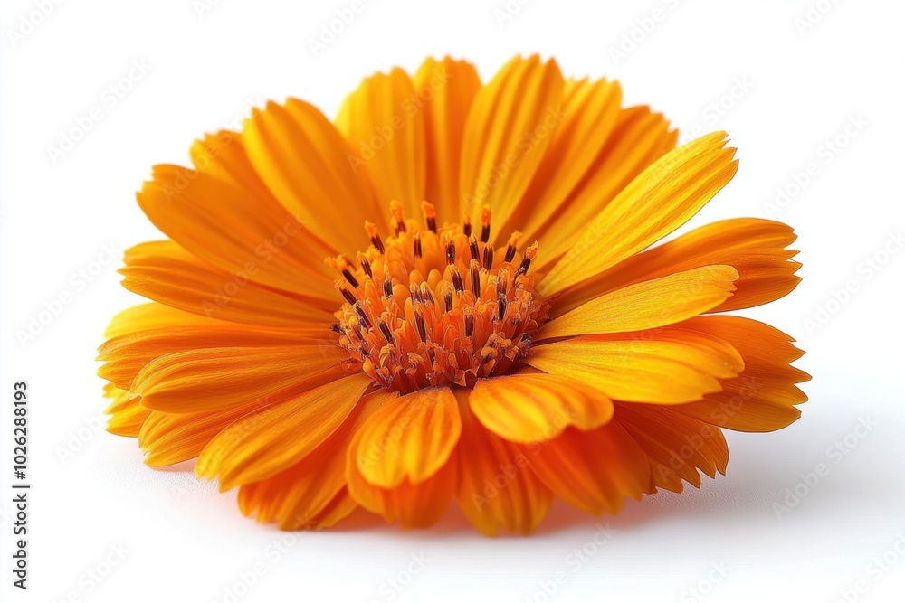 A bright orange calendula flower with thin, delicate petals, isolated on white background A bright orange calendula flower with thin, delicate petals, isolated on white background