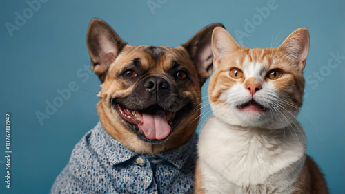 Dog and cat portrait on blue background isolated. Pets and companions. Commercial banner for advertising cat and dod food. Pets looking at the camera on blue background. Wallpaper. Copy space photo