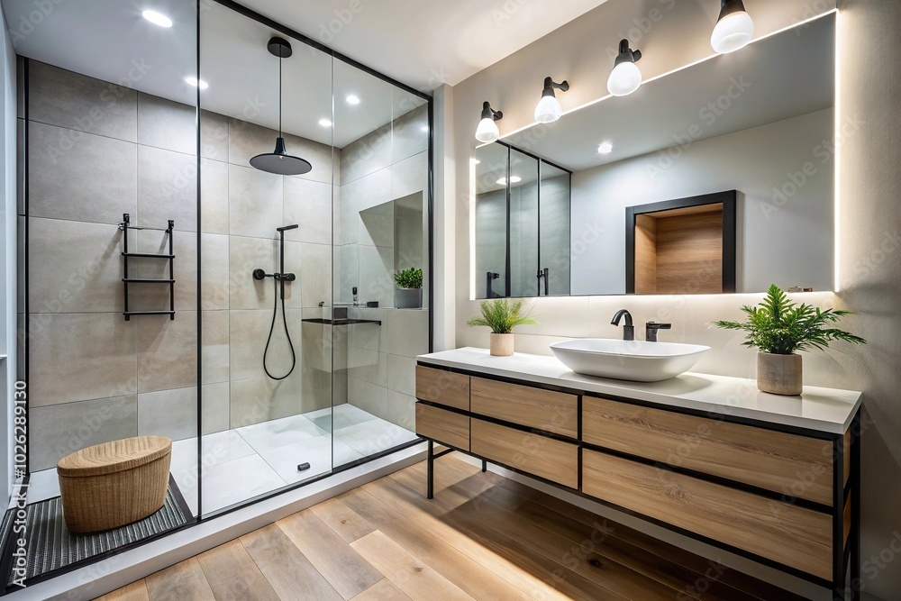 Modern minimalist bathroom with black fixtures, floating vanity, and frameless glass shower enclosure Modern minimalist bathroom with black fixtures, floating vanity, and frameless glass shower enclosure