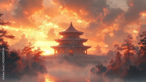 Majestic Asian temple at sunset with dramatic clouds