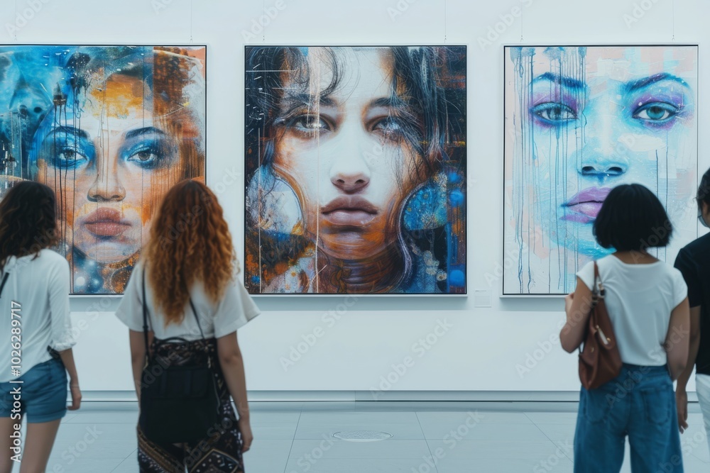 Group of visitors observing abstract portrait paintings at a modern art gallery. Interior art exhibition view.
