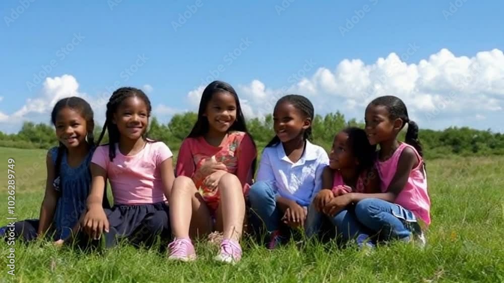 A group of afro american children freinds are sitting on the grass and smiling. Scene is happy and cheerful A group of afro american children freinds are sitting on the grass and smiling. Scene is happy and cheerful