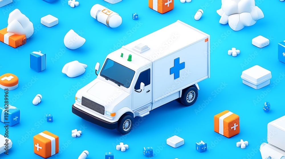 Fototapeta premium White ambulance on blue background with medical supplies, .