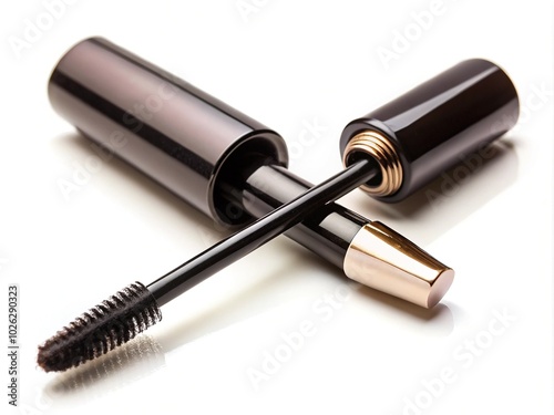 Black Mascara Wand and Tube on White Background for Beauty Product Display