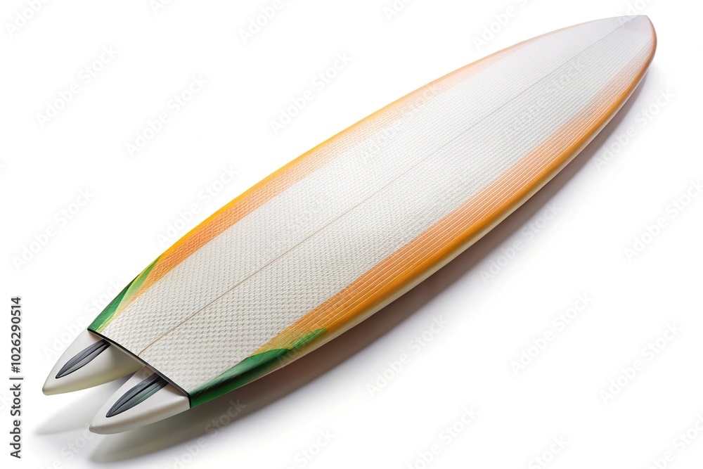 Colorful modern surfboard isolated on white background at a tilted angle Colorful modern surfboard isolated on white background at a tilted angle