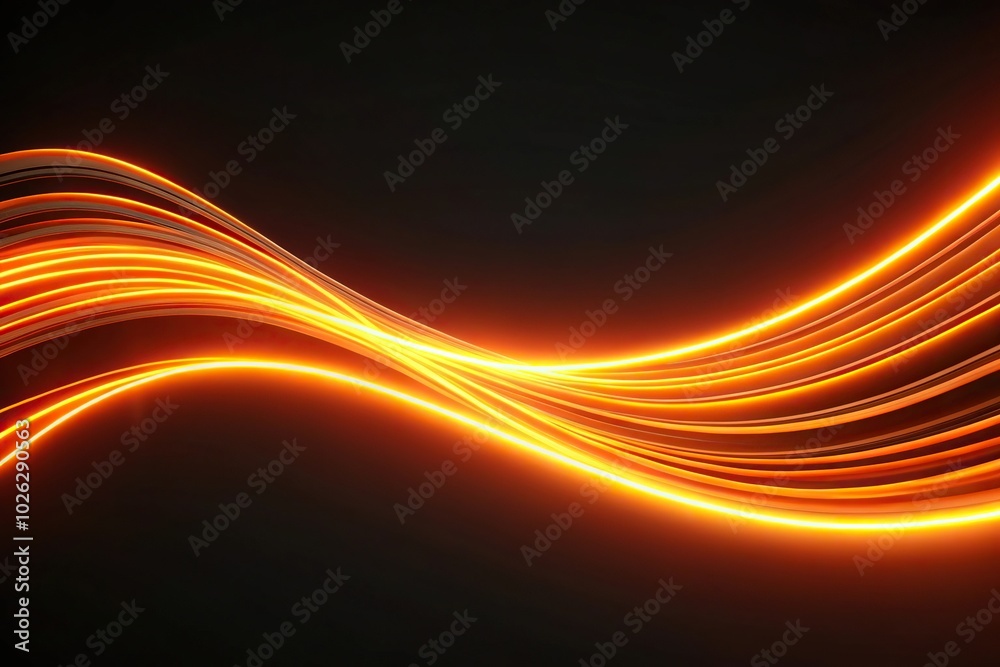 Obraz premium Modern orange light stripe and glowing neon tails on black background screensaver leading lines