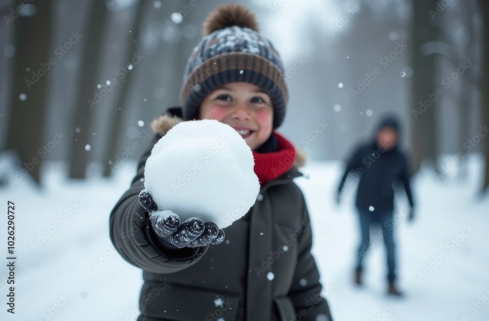 Boy holding snowball in hand, children playing snowballs outdoors in forest Boy holding snowball in hand, children playing snowballs outdoors in forest