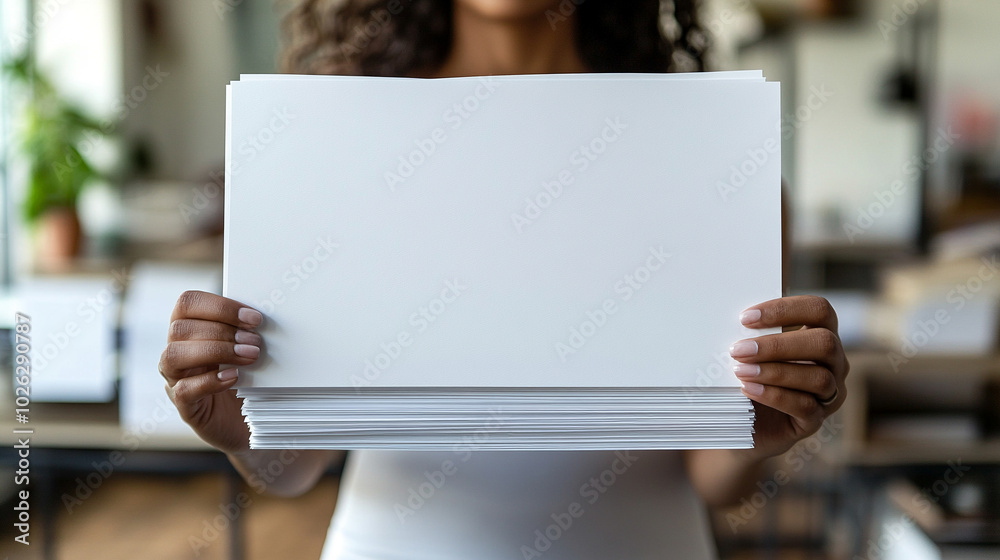 businesswoman holds a stack of blank documents, symbolizing readiness and opportunity. Her poised grip conveys professionalism, potential, and the importance of communication in business businesswoman holds a stack of blank documents, symbolizing readiness and opportunity. Her poised grip conveys professionalism, potential, and the importance of communication in business