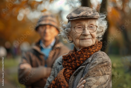 Elderly woman in hat and scarf outdoors with older man in the background. Senior lifestyle and autumn concept.