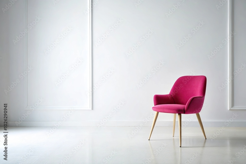 modern pink chair in background with white asymmetrical decor