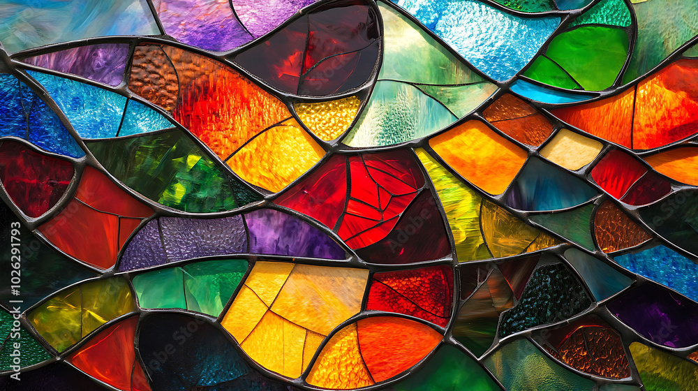 A close-up of colorful stained glass with abstract shapes. A close-up of colorful stained glass with abstract shapes.