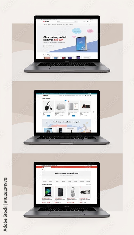 E-commerce website displays on laptop: promotions and product showcases E-commerce website displays on laptop: promotions and product showcases