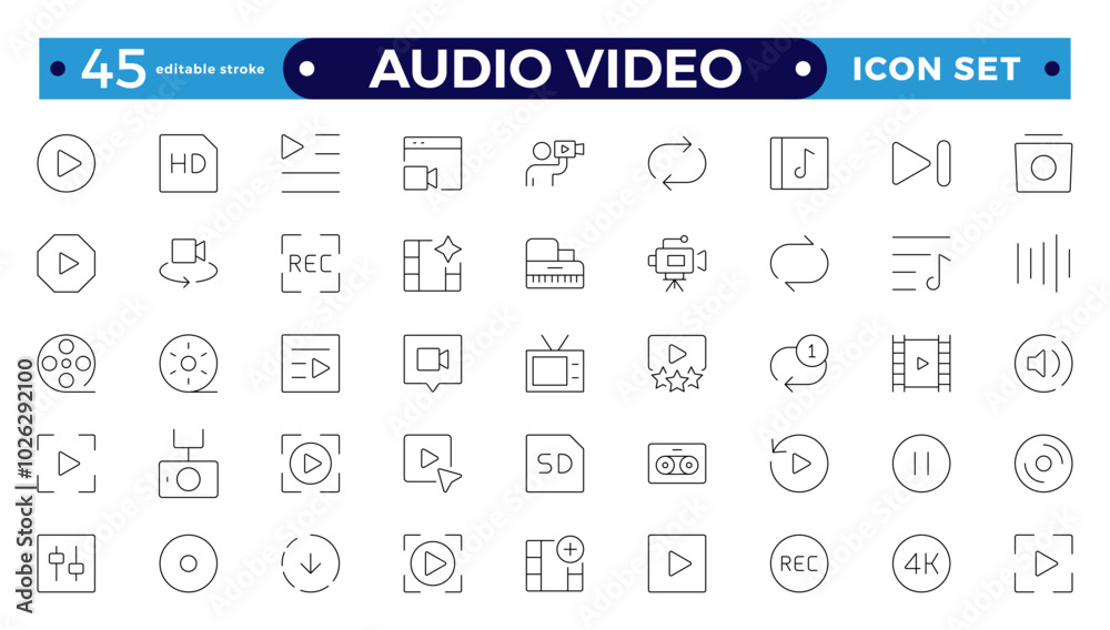 Audio and video web icons set in Outline design. Pack of camera movie, voice, radio, music streaming, photography, headphones, cinema, podcast, broadcasting, and others. Editable stroke outline icon.
Audio and video web icons set in Outline design. Pack of camera movie, voice, radio, music streaming, photography, headphones, cinema, podcast, broadcasting, and others. Editable stroke outline icon.