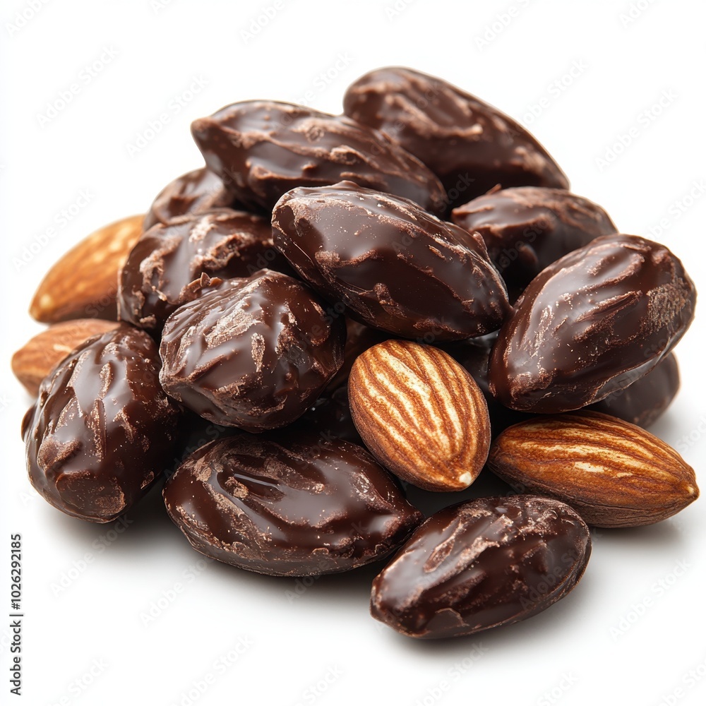 A chocolate-covered almond with a glossy finish, isolated on white background A chocolate-covered almond with a glossy finish, isolated on white background