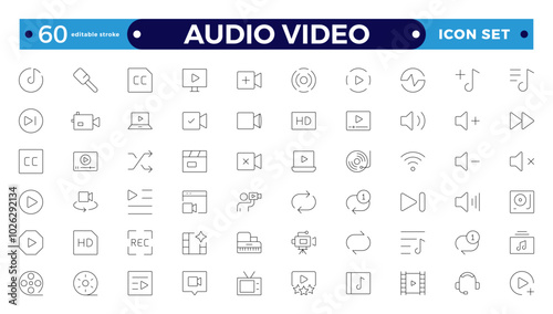 Audio and video web icons set in Outline design. Pack of camera movie, voice, radio, music streaming, photography, headphones, cinema, podcast, broadcasting, and others. Editable stroke outline icon.
