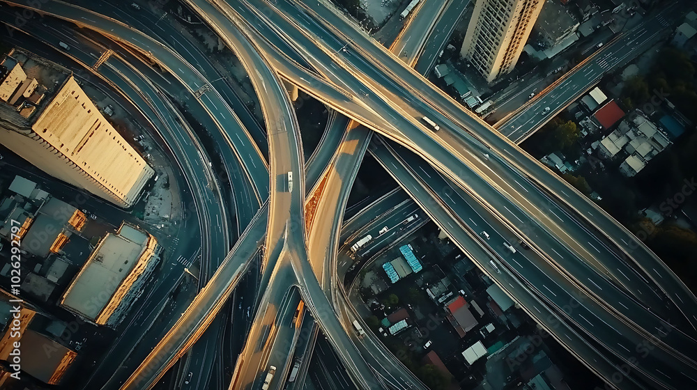Aerial view of an intricate highway interchange with traffic flowing in multiple directions. Aerial view of an intricate highway interchange with traffic flowing in multiple directions.