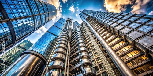 Modern skyscrapers including the Lloyds building in London seen from below