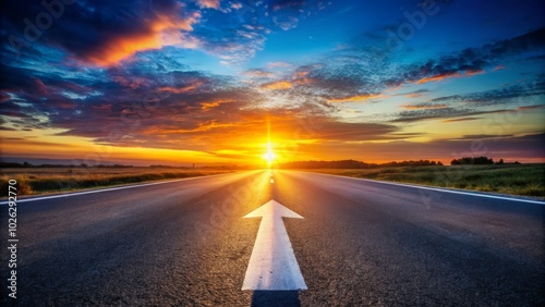 Sunrise illuminates an asphalt road, casting shadows of an arrow sign, symbolizing the journey ahead, filled with positive perspectives and new possibilities in night photography.