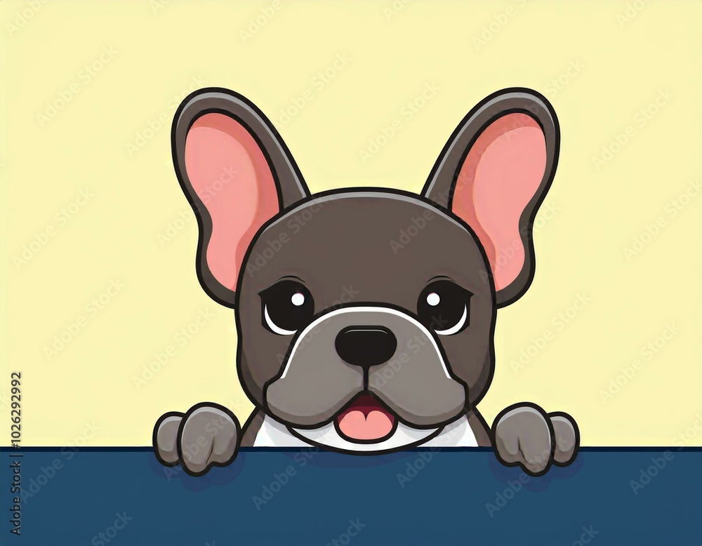 Cute french bulldog puppy paws up over wall, dog face Cartoon Vector