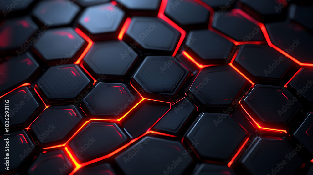 Abstract geometric background with glowing red lines on a dark hexagonal pattern. Abstract geometric background with glowing red lines on a dark hexagonal pattern.