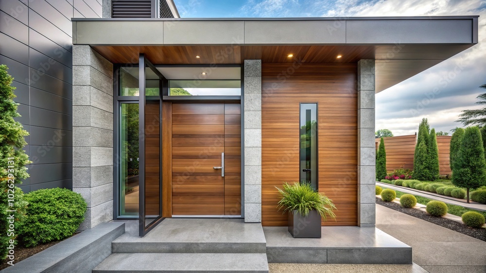 Modern steel and wood front door with clean lines and contemporary design Modern steel and wood front door with clean lines and contemporary design