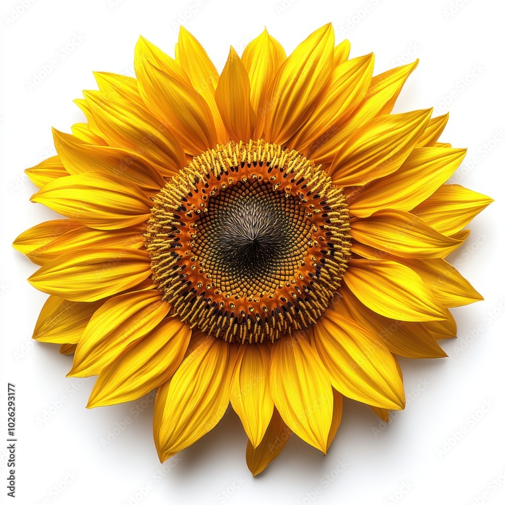 Fototapeta premium A close-up of a blooming sunflower with intricate seed pattern and bright yellow petals, isolated on white background