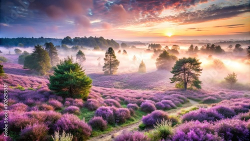 Surreal blooming heather enchants Meinweg National Park, revealing a dreamlike landscape where Limburg's border beauty awakens the imagination and captivates the senses. photo