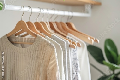 Minimalist wardrobe with neutral clothing on wooden hangers