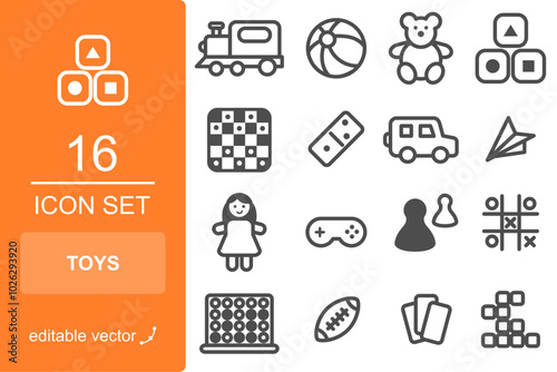 Kid's toy icon set. Children line icons for toys and games. Editable stroke EPS vector.