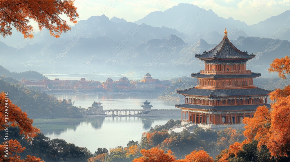 Obraz premium Serene autumn landscape with traditional temple view