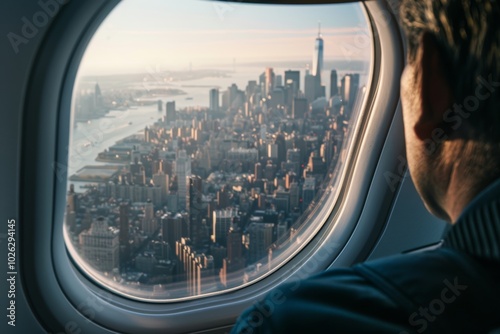 Airplane view: stunning new york city skyline at sunrise #1026294145