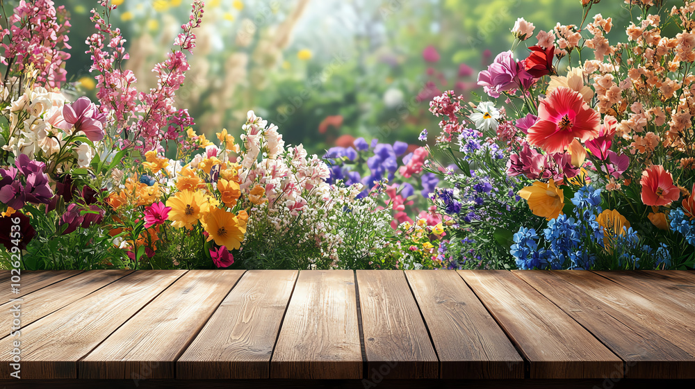 Colorful flowers bloom in a vibrant garden, with a wooden deck in the foreground. Perfect for spring and outdoor theme backgrounds. Colorful flowers bloom in a vibrant garden, with a wooden deck in the foreground. Perfect for spring and outdoor theme backgrounds.