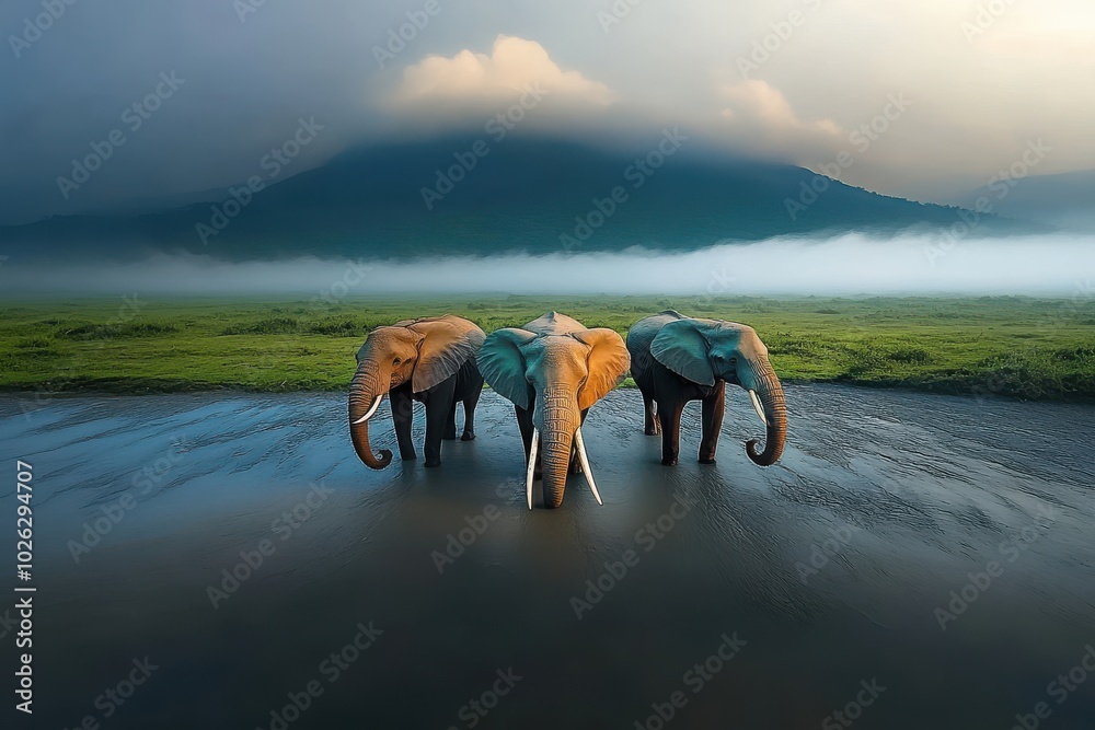Fototapeta premium Elephants at sunset in misty mountain lake landscape.