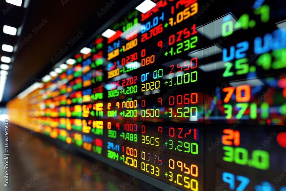 Digital Stock Ticker Display with Colorful Illuminated Values on a Dark Background. Digital Stock Ticker Display with Colorful Illuminated Values on a Dark Background.
