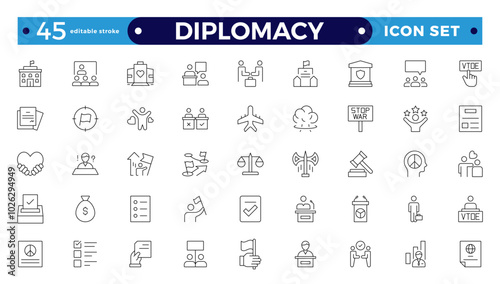 Diplomacy outline icon set with comprises spoken, written communication, leader, diplomats, international system and foreign policy. Editable stroke outline icon.
