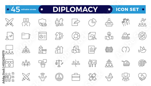 Diplomacy outline icon set with comprises spoken, written communication, leader, diplomats, international system and foreign policy. Editable stroke outline icon.
