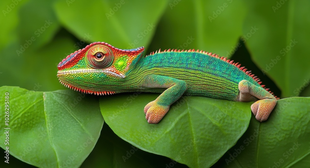 Fototapeta premium Vibrant Chameleon Perched on Green Leaf with Blurred Tropical Background.