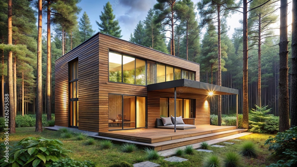 Modern wooden house nestled in the forest, surrounded by trees Modern wooden house nestled in the forest, surrounded by trees
