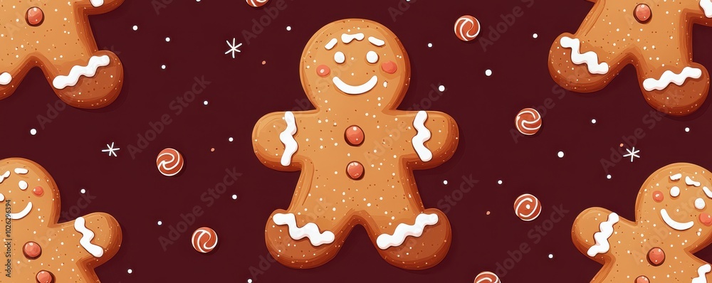 Festive gingerbread man pattern on a rich maroon background capturing a joyful holiday spirit with minimalistic style and charming details Festive gingerbread man pattern on a rich maroon background capturing a joyful holiday spirit with minimalistic style and charming details