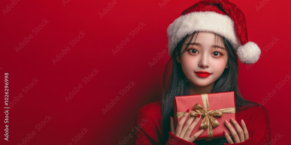 portrait of woman holding box with christmas costume, with red background and space for text portrait of woman holding box with christmas costume, with red background and space for text