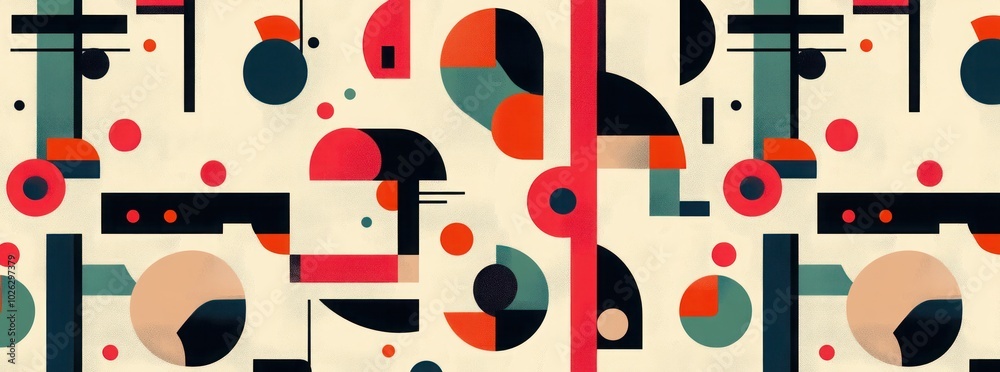 Obraz premium Abstract geometric pattern with circles, squares, and rectangles in red, orange, blue, green, and black on a beige background.