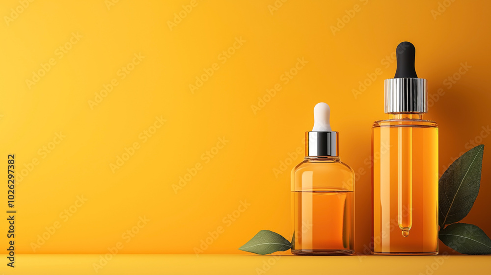 Two glass dropper bottles with yellow liquid and black caps on a bright orange background with green leaves.
