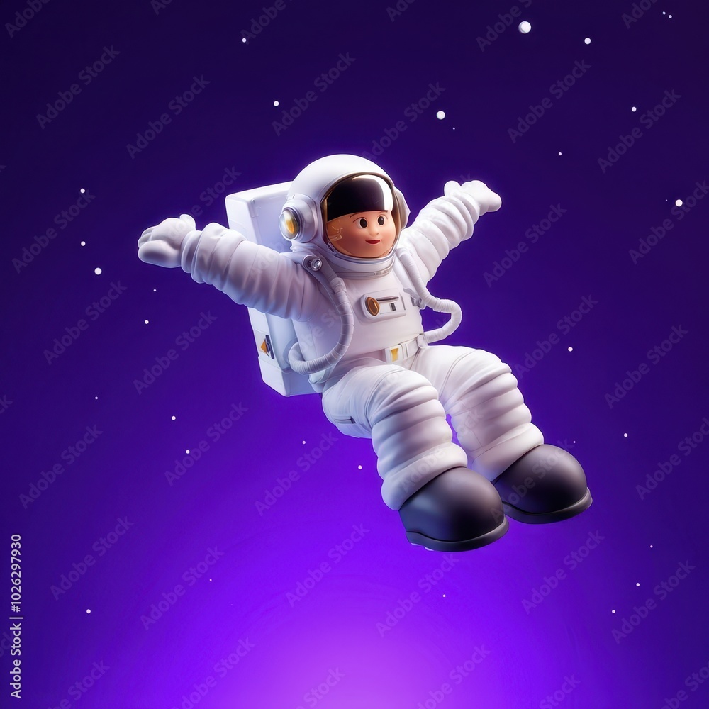 A playful astronaut figure floating in space against a purple background.