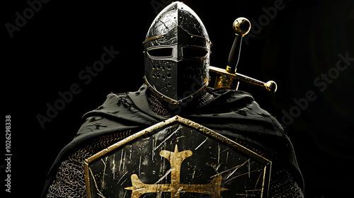 A knight in full armor, with a sword and shield, stands in front of a black background. photo