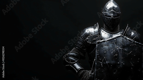A knight in full armor stands against a black background.