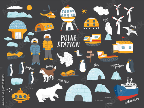 Polar station objects collection. Arctic or Antarctic expedition elements set Polar base and animals. Vector illustration