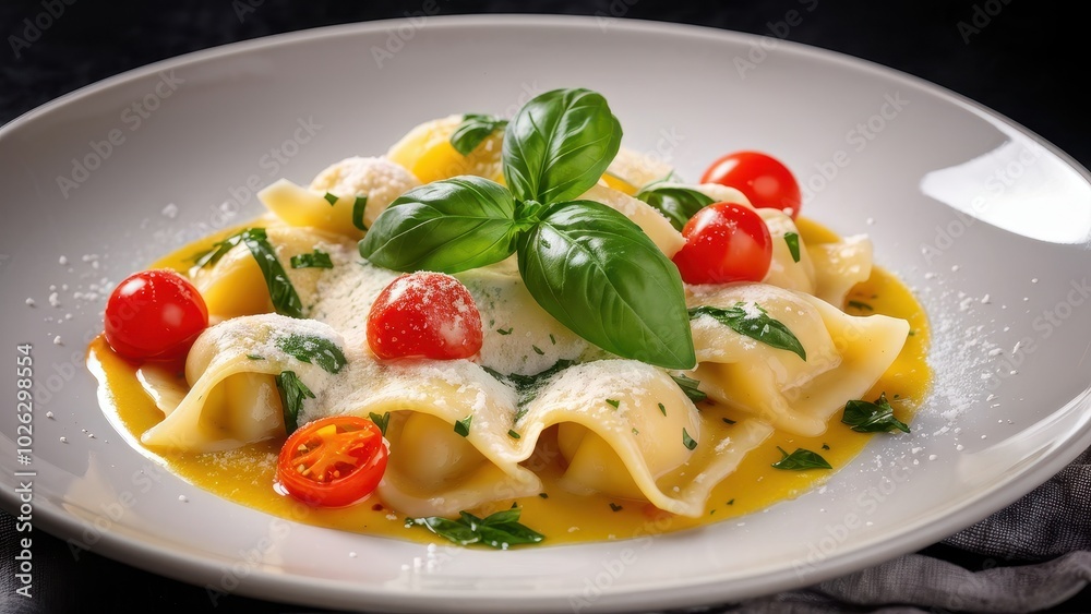 A plate of pasta garnished with basil, cherry tomatoes, and cheese, showcasing a delicious meal. A plate of pasta garnished with basil, cherry tomatoes, and cheese, showcasing a delicious meal.